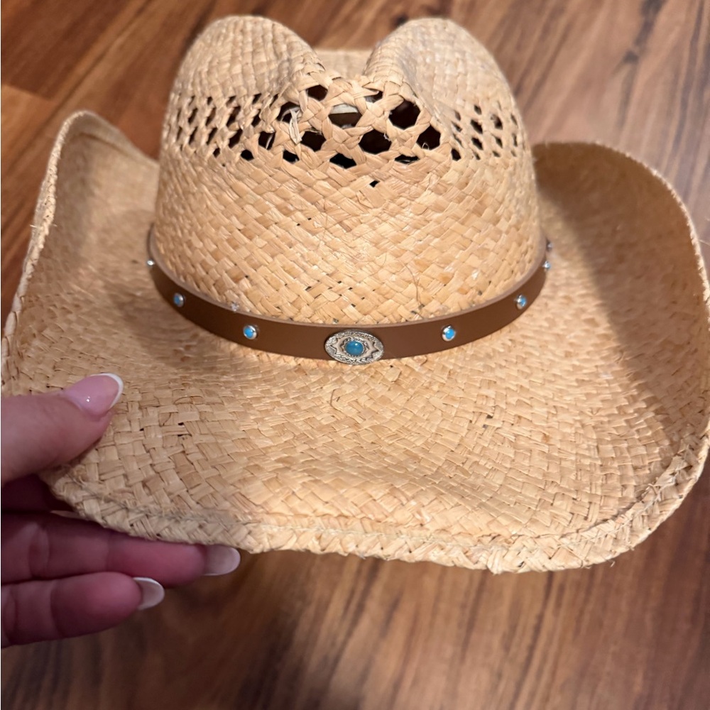 Stetson Tan Straw Hat with Turquoise Details